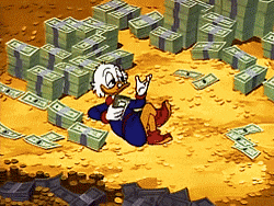 Scrooge McDuck counting with dollar bills.